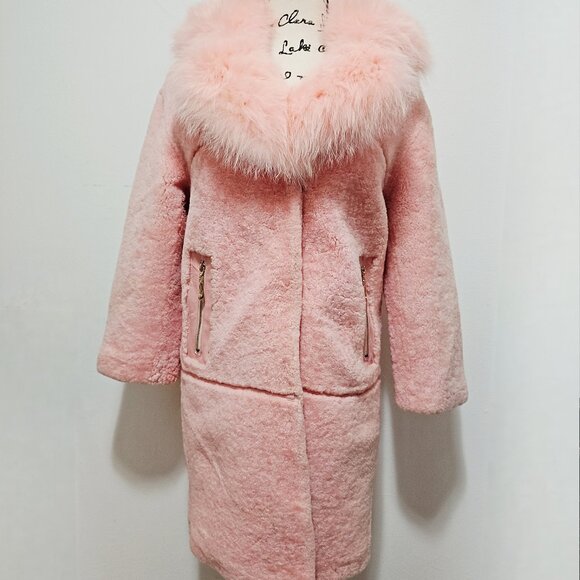 NewReal Merino Sheepskin Shearling Coat Jacket Lamb Fur Cherry Blossom Baby Pink - Picture 1 of 7
